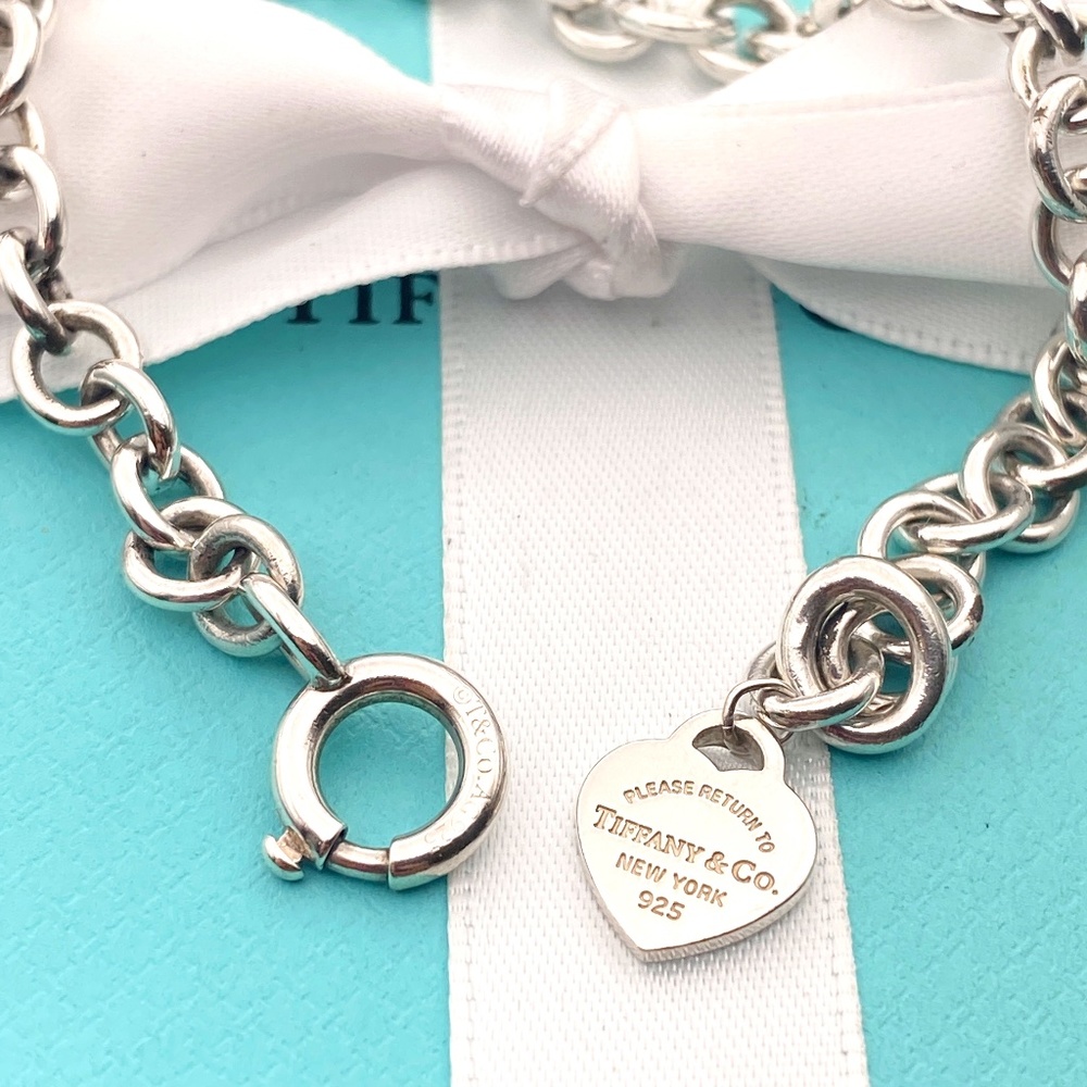 Return to Tiffany Silver min iHeart Tag Rolo Round Link Charm Bracelet 7”13gram